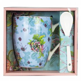 Copo de cerâmica com colher flores enesco