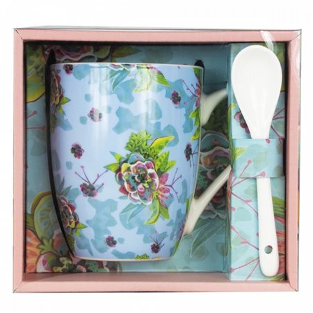 Copo de cerâmica com colher flores enesco