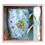 Copo de cerâmica com colher flores enesco
