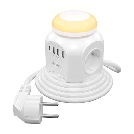 Power Strip multifuncional de mesa Aisens com 4 tomadas + 1xUSB-C - 3xUSB-A - Luz noturna - 1,8m - Cor branca