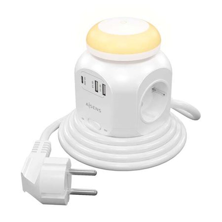 Power Strip multifuncional de mesa Aisens com 4 tomadas + 1xUSB-C 20W PD3.0 - 2xUSB-A 18W QC3.0 - Luz noturna - 1,8m - Cor branc