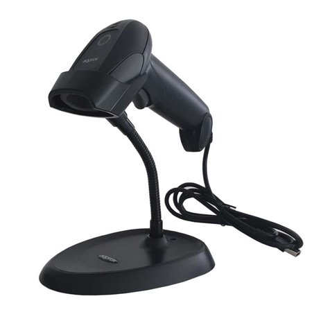 Leitor de código de barras USB aproximadamente 1D com suporte - Indicador LED, bip - Velocidade 300 vezes por segundo - Cor pret