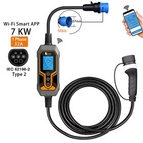 Carregador para veículos Elétricos, Modo 2, 7Kw Regulável, Wifi + App