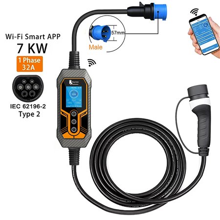 Carregador para veículos Elétricos, Modo 2, 7Kw Regulável, Wifi + App