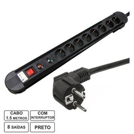 Tomada Elétrica C/ 10 Saídas Interruptor Proteção 1.5M Edh