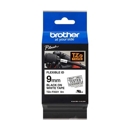 Etiquetas laminadas flexível original Brother TZeFX221 - Texto preto em fundo branco - 9 mm de largura x 8 metros