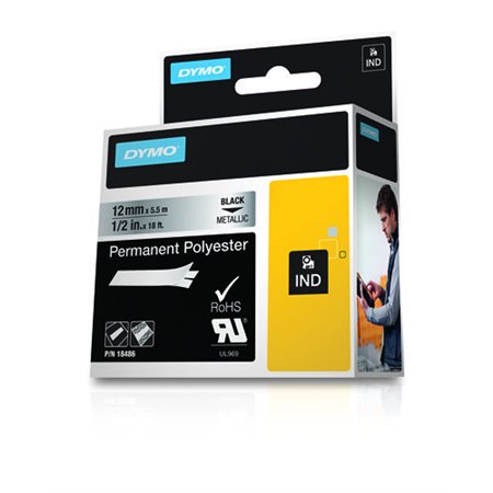 Etiquetas original Dymo Rhino ID1-12 para etiquetadora - Texto preto em fundo prateado - Largura 12 mm x 5,5 metros - 18486