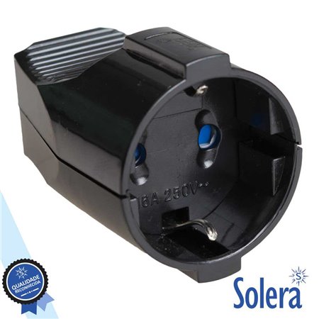 Ficha Schuko Fêmea C/ Terra 220V Preta Solera