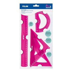 Conjunto Milan com 4 réguas flexíveis e duráveis - régua, esquadro, triângulo e transferidor - Rosa