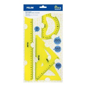 Conjunto Milan com 4 réguas flexíveis e duráveis - régua, esquadro, triângulo e transferidor - Amarelo