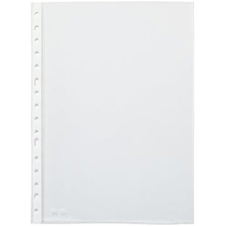 Pacote com 100 capas transparentes A4 com múltiplos furos, 90 mícrons, acabamento cristalino e reforço branco.