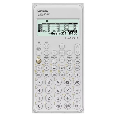 Calculadora científica Casio Iberia Classwiz FX-570SP com visor LCD de 12 dígitos, 560 funções, capa protetora e cor branca.