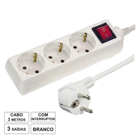 Tomada Elétrica C/ 3 Saídas Interruptor 3M