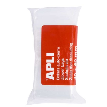 Pacote com 100 sacos transparentes com fecho zip-top da Apli - Tamanho 40x60mm - Fecho seguro e fácil de usar - Seguro para alim