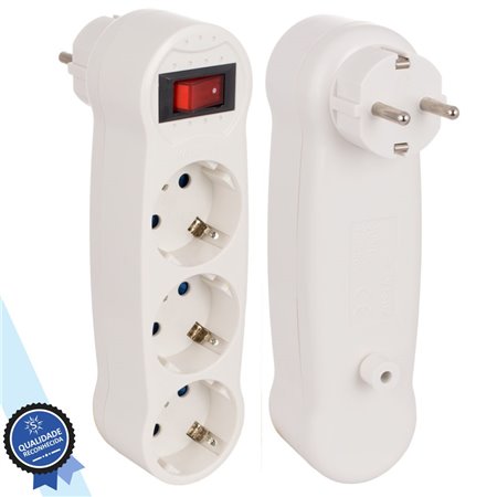 Ficha Elétrica Tripla 3 Saídas Schuko C/ Interruptor