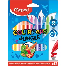 Conjunto de 12 marcadores Maped Color'Peps Jungle com ponta média de 2 mm - Oval, macios e flexíveis - Tinta lavável - Cores sor