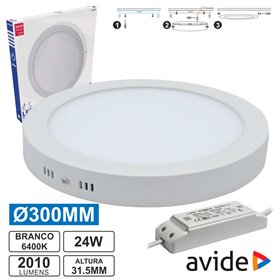 Painel Leds Redondo Superfície 24W 300Mm 6400K 2010Lm Avide