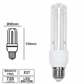 Lâmpada E27 9W70W 230V Led 3U Branco Frio 720Lm