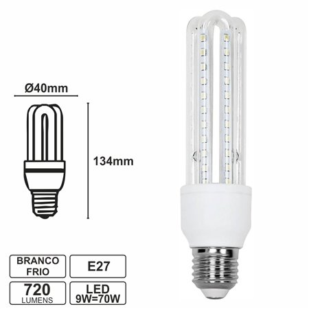 Lâmpada E27 9W70W 230V Led 3U Branco Frio 720Lm