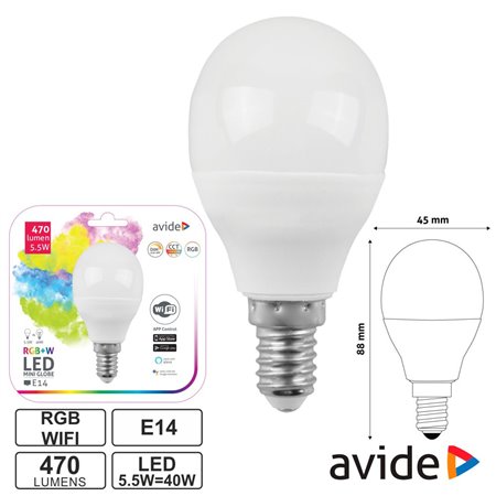 Lâmpada E14 Dimável 5.5W Led Miniglobo Rgbw Wifi 470Lm Avide