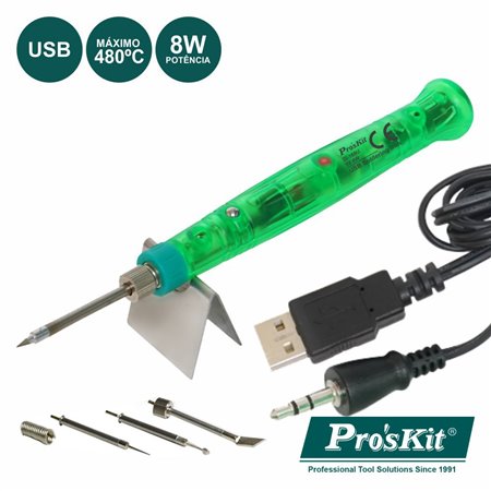 FERRO DE SOLDAR 8W C/ LIGAÇÃO USB 5V E ACESSÓRIOS PROSKIT